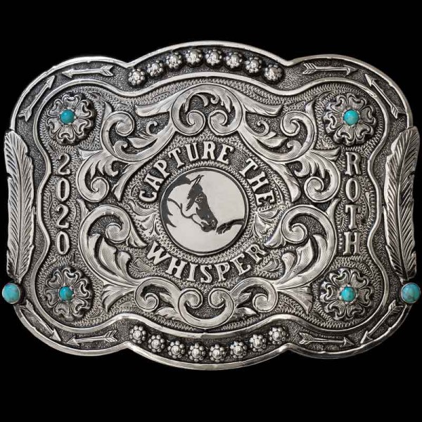 The Corpus Christi is an entirely silver buckle with a natural, matted finish. Customize this unique buckle design with your own lettering and figure!